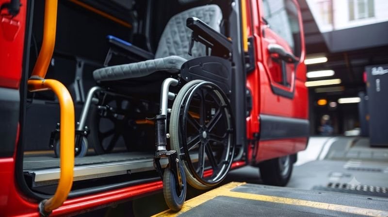Interior of accessible vehicle showing secured wheelchair seating and ramp